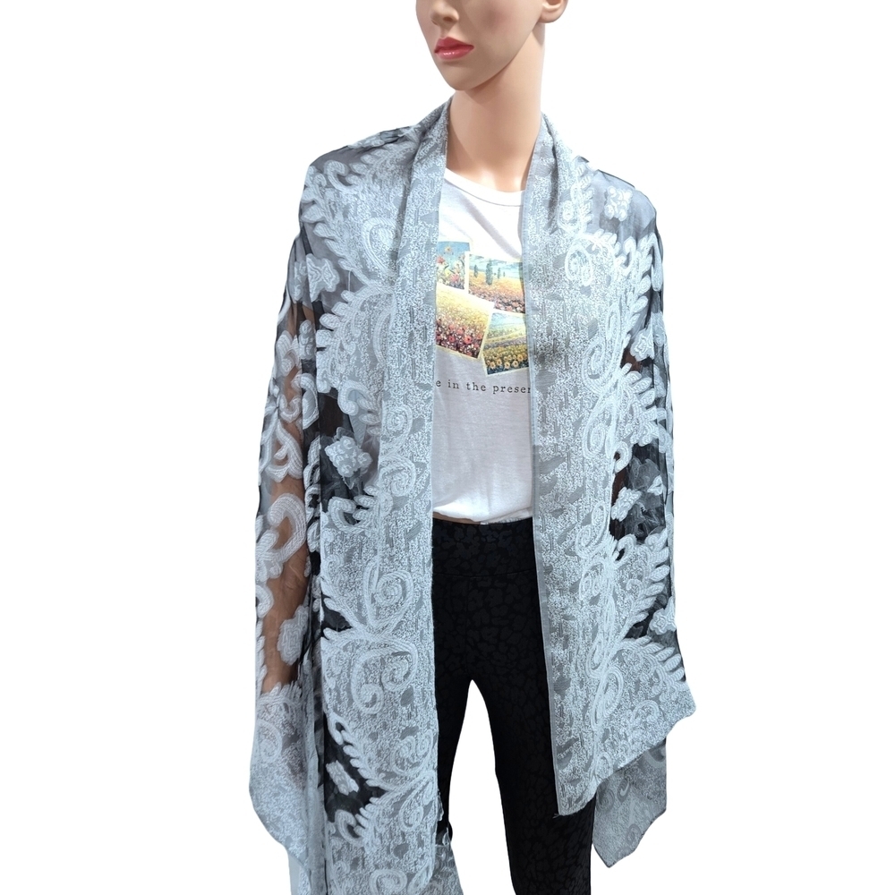 Elegant Black and Gray Floral Scarf - Picture 4 of 9